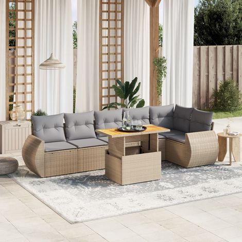 Canapé de jardin 7 pièces en résine tressée beige avec coussins gris – Table réglable 100x55 cm, siège modulaire et UV résistant (1/3)
