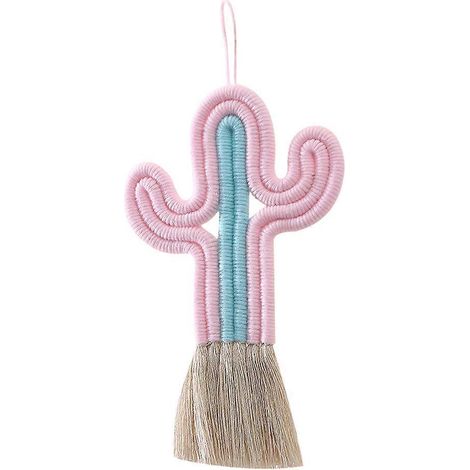 Décoration murale bohème en macramé, cactus, tapisserie tissée à la main, rose et bleu glacier, idéale pour la chambre d'enfant. (1/4)