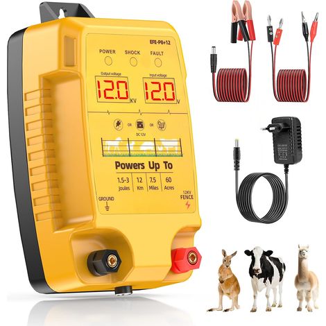 12KM Clôture Électrique pour Bétail Animaux, 12kV 3.0J Tension de Sortie Électrificateur Clôture Électrique avec Écran LCD, Protection pour Chevaux Moutons Chien Jardin Pâturages Ferme (Orangé) (1/5)