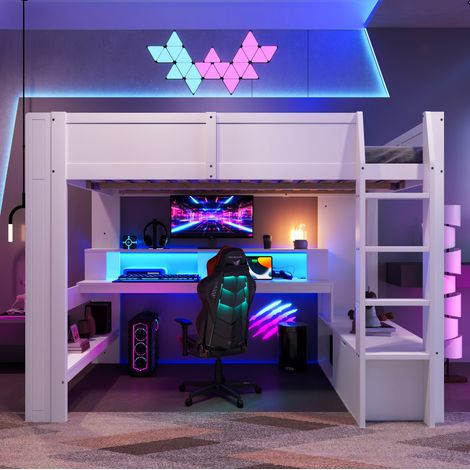 Cama alta 140x200 cm de madera blanca con escritorio para niños, sin colchón – MEUBLIV (1/5)