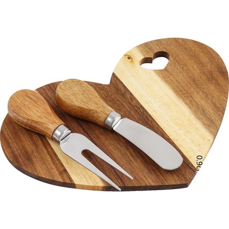 Juego de tabla de quesos con forma de corazón, 18 piezas, madera de acacia y acero inoxidable, color madera natural. (1/2)