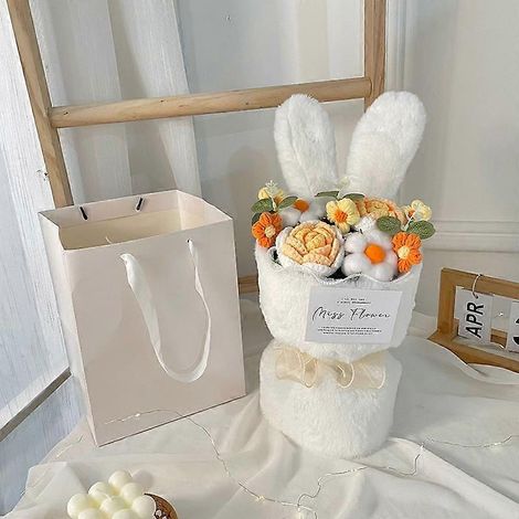 Bouquet de fleurs tricotées avec oreilles de lapin, bouquet en peluche avec oreilles de lapin et cordes en coton, bouquet de roses artificiellesorange (1/5)