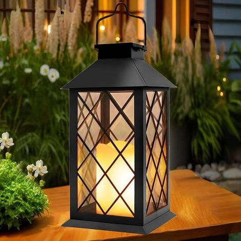 Noir Lanterne Solaire Exterieur Grande Lampe Solaire Jardin avec Bougie, Lampe de Table Étanche Suspension Lampe, Solaire Exterieur a Poser pour Balcon Jardin Terrasse Decor (1/5)