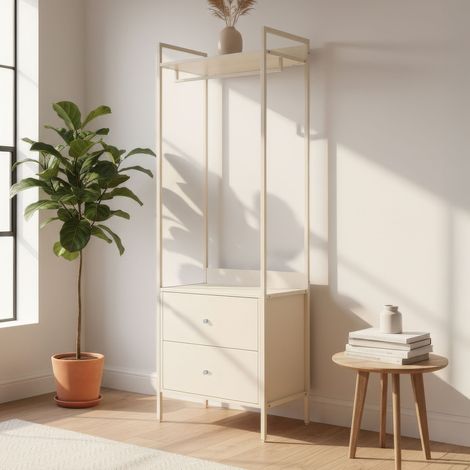 Vestiaire avec penderie et 2 tiroirs 64x40x190 cm beige - FERNI (1/5)
