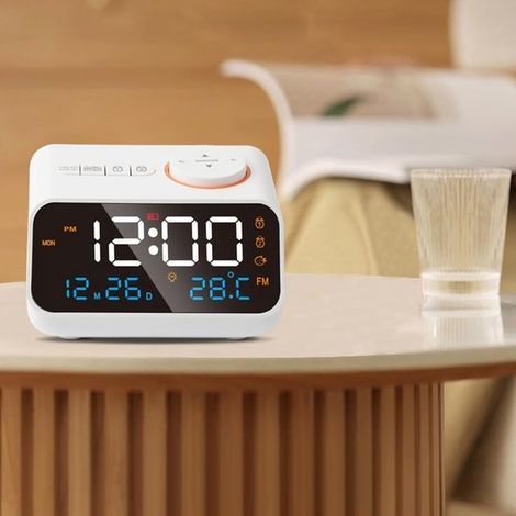 Digitales Radiowecker – Multifunktionales Radiowecker-Display – UKW-Radio – Temperatur- und Feuchtigkeitsanzeige – Sprachsteuerung – Schlummerfunktion – LED-Anzeige – Einstellbare Helligkeit – Weiß –