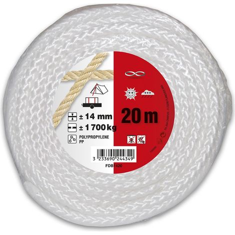 Corde Polypropylène tressée - Résistance à la rupture Indicative 1, 7 T - Diamètre 14 mm - Longueur 20 m - Blanc