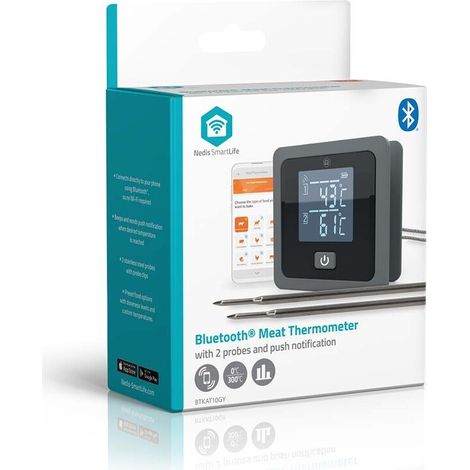 Nedis SmartLife-Fleischthermometer / Push Benachrichtigung / Summer / Bluetooth® / Timer / LCD / Anzahl der Sonden: 2 / 1.20 m / Sondenklemmen / Nedis® SmartLife / Grau