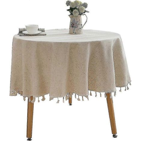 Nappe ronde unie à pompons, en coton et lin, idéale pour la cuisine, la salle à manger ou une maison de campagne. (1/5)