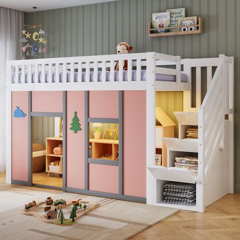 Lit Mezzanine Enfant 90x200cm, Escalier Rangement, LED, Espace Jeu, Barrières Sécurité, Blanc, Rose (1/4)