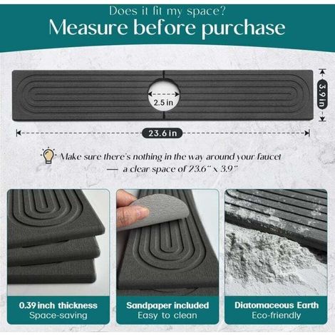 Protection anti-éclaboussures pour robinet d'évier de cuisine en diatomite, 61 cm, plateau d'évier de séchage en pierre soignée, moderne, tapis absorbant pour comptoir de cuisine (gris foncé, 60 x 10 (1/4)