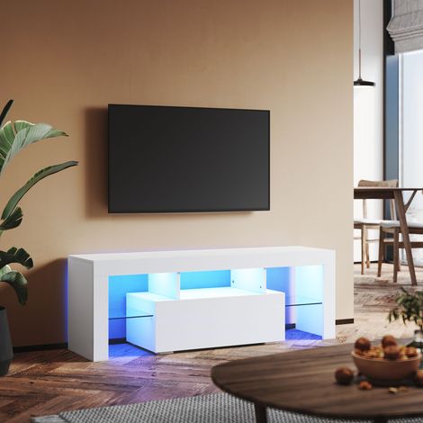 SONNI TV Schrank Weiß TV Lowboard mit LED Beleuchtung mit Klapptür Hochglanz 135x35x45cm (1/5)