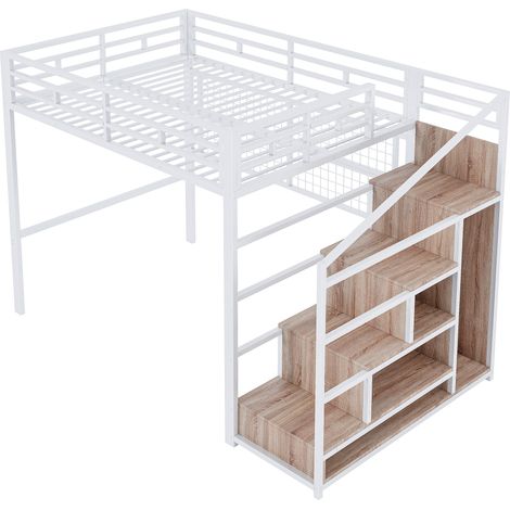 Lit mezzanine, 140 x 200cm, cadre en fer, armoire, échelle de rangement, grille de suspension d’objets, espace libre sous le lit, lampes LED 7 couleurs, sans matelas, blanc