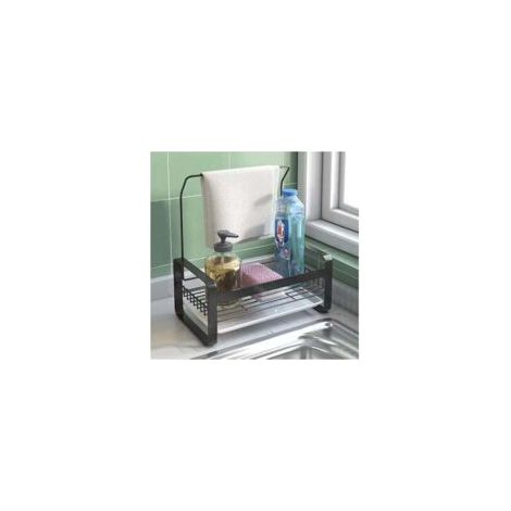 Porta spugna da lavello in acciaio inox con barra portasciugamani, pannello rimovibile per riporre spazzole, spugne e detersivo per piatti - Nero - Crezuo (1/4)