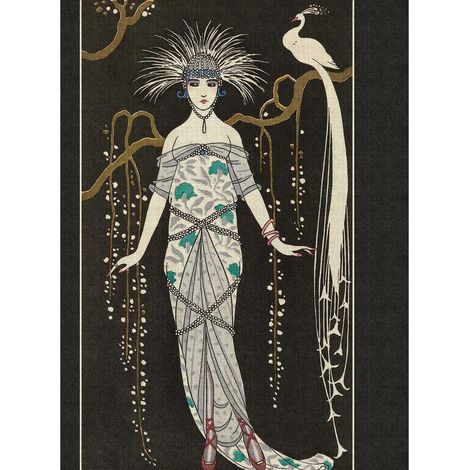 Papier peint panoramique japonais à motif Tapisserie panoramique originale pour salle à manger Papier peint panoramique oiseau et femme (1/2)