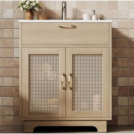 Mobile lavabo a pavimento 76x46x88 cm con lavabo, vano portaoggetti e 2 ante, MDF e ceramica, naturale (1/5)