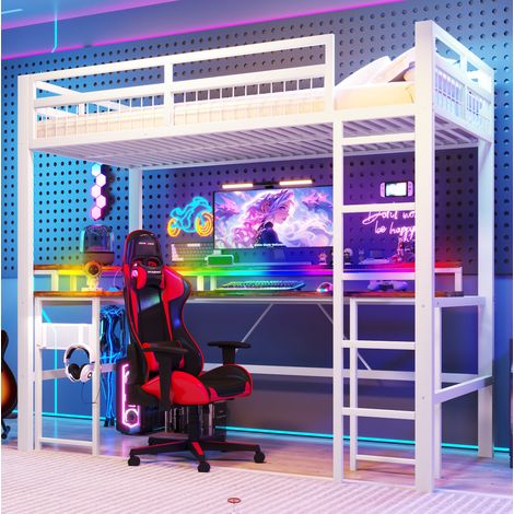 Lit mezzanine 204x94,5x180,5 cm en métal blanc avec bureau, gain de place, sans matelas – MEUBLIV (1/5)