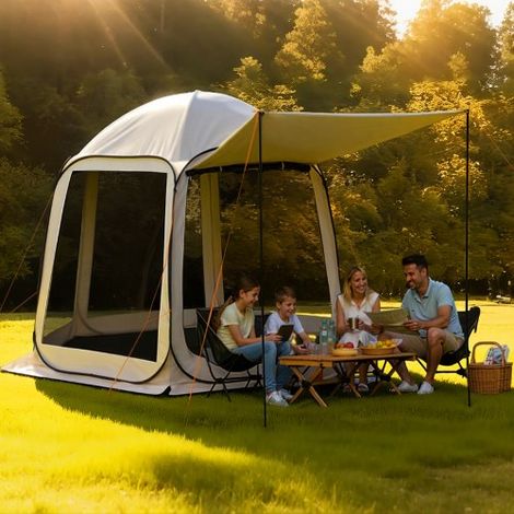Carpa Plegable Portátil con Mosquitera, 3030 x 2650 x 2300 mm, para 4-8 Personas, Polígono de 6 Lados, con Toldo Extensible, Bolsa de Transporte, Laterales de Malla, para Patios, Beige (1/5)