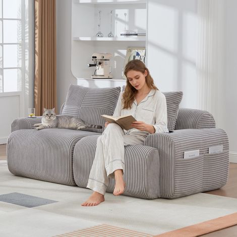 Canapé modulable en velours côtelé pour 2 personnes, combinable à volonté, livré sous vide avec porte-gobelet et poche de rangement latérale. Idéal pour le salon, la salle familiale et autres pièces. (1/5)