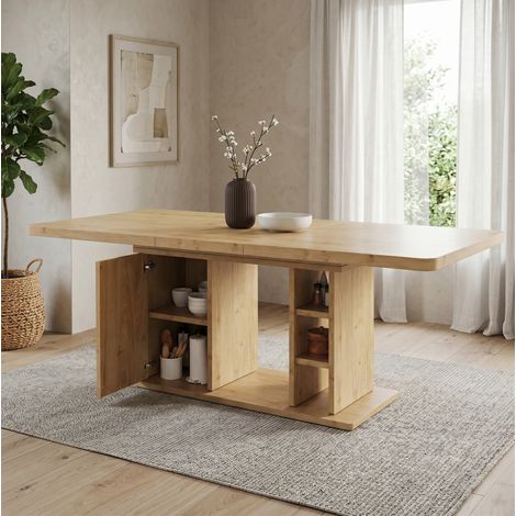MEUBLIV Table à manger extensible 140/180 x 80 cm chêne – rangement intégré (1/5)