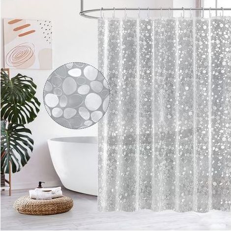 TAISHENGDA Wasserdichter EVA-Duschvorhang, 3D-Effekt-Duschvorhang mit Kieselsteinmuster, halbtransparenter Badezimmervorhang mit Vorhanghaken für Dusche und Badewanne, 180 × 80 cm (1/5)