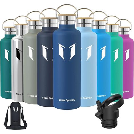 Edelstahl Trinkflasche 350ml-1L, Thermoskanne BPA-frei, 2 Deckel, auslaufsicher (1/5)