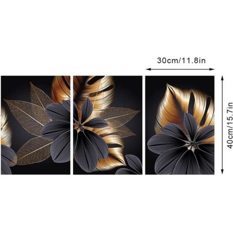 Lot de 3 posters en toile de designer - Abstrait - Noir - Feuille d'or - Toile - Impression Décoration nordique Art mural 30x40 cm (1/4)