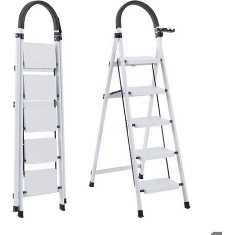 Siete Comfort-Escabeau 5 pasos-Plegable con Pedal Antideslizante-74×47×139cm-150KG Escalera Estable de Acero-Blanco (1/5)