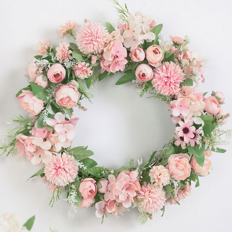 Couronne porte d'entrée artificielle 40cm fleur pivoine hortensia rose clair déco maison fête mariage (1/2)