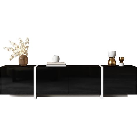 Meuble TV caisson bas noir laqué pieds blancs contrastants portes tiroirs bandeau lumineux LED 130x40x45 cm