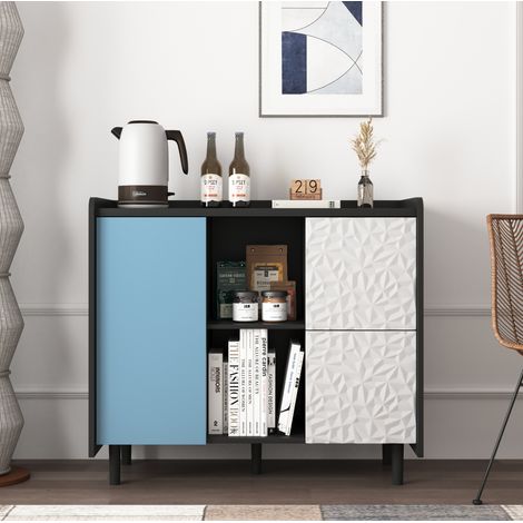 Buffet de cuisine 90x40x80 cm noir et bleu en MDF avec 2 tiroirs, rangements ouverts et placard (1/5)