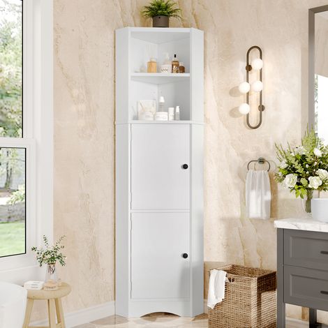 Mueble de baño esquinero MDF blanco 51,7 cm con 2 puertas y estantes regulables (1/5)