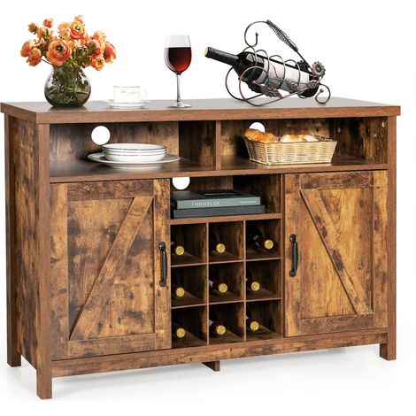COSTWAY Buffet Storage Cabinet Farmhouse Sideboard w/9-Bottle Wine Rack-Coffee (1/5)