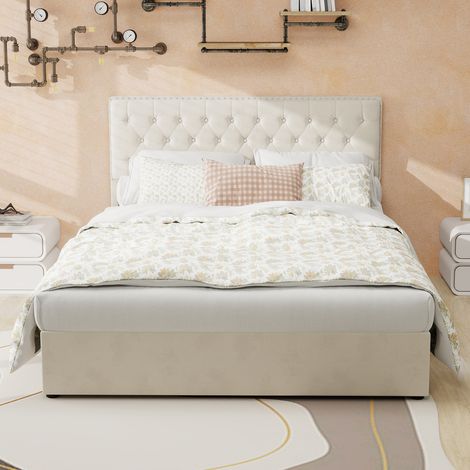 Cama tapizada de tela beige y metal 140x200 cm, cabecero alto y somier de láminas incluido (1/5)