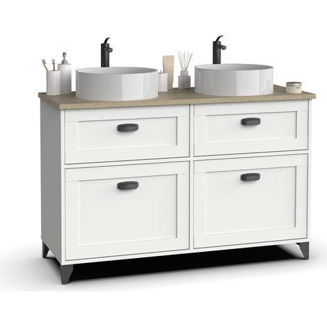Pegane – Meuble bas de salle de bain blanc et chêne cambrian – Dimensions 120x47x92 cm – Panneaux mélamine haute densité – Assemblage facile (1/5)
