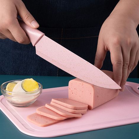 7-teiliges Set aus Weizenstrohmessern mit Schneidebrett, Küchenmesserset aus Edelstahl, Küchenmesserset in Macaron-Farbe. (1/5)