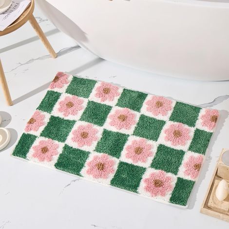Tapis De Salle De Bain À Carreaux Verts, Tapis De Bain À Fleurs Roses, Tapis Doux en Microfibre, Antidérapant, Lavable Et Absorbant, Décoration De Sol pour Lavab (1/5)