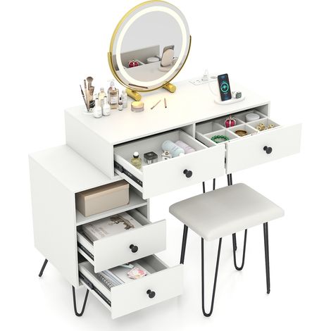 COSTWAY Makeup Vanity Desk Modern Dressing Table Set w/Mirror and Lights-White (1/5)