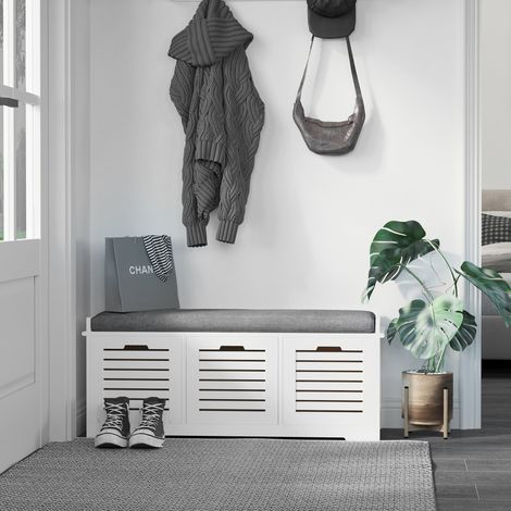 Banc à chaussures/meuble à chaussures avec 3 tiroirs et coussin d'assise amovible, dimensions 108 cm (L) x 35 cm (P) x 43 cm (H), blanc (1/5)