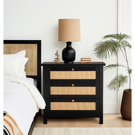 Hallowood Furniture Newquay Chest of Drawers, 3 Drawers with Rattan Front Room Furniture for Bedroom, Living Room & Hallway, Multifunctional Black Bedside Drawers