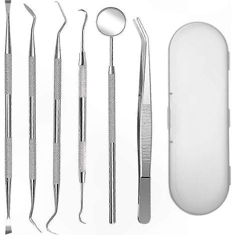 Kit d'outils dentaires professionnels 6 pièces pour le nettoyage des dents, comprenant un cure-dents, un miroir, un grattoir, une sonde et un détartreur. (1/4)