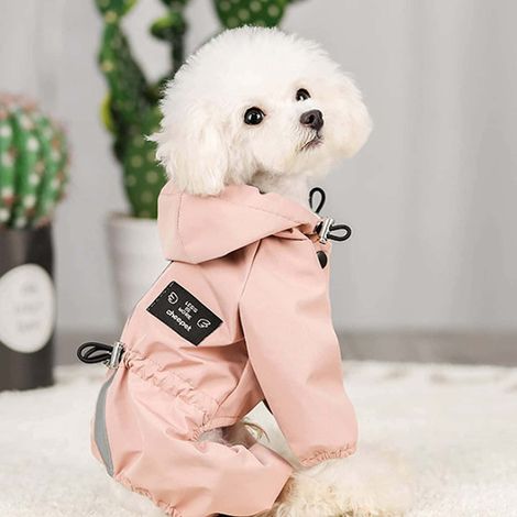 Imperméable pour chien avec pattes, bandes réfléchissantes, cordon de serrage ajustable et capuche, veste de pluie légère pour chiens de petite et moyenne taille, rose
