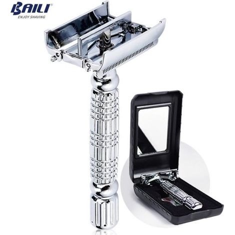 BAILI Barber lame de sécurité rasoir rasoir Double bord papillon torsion ouvert en forme de T unisexe 1 étui de voyage avec miroir (1/4)