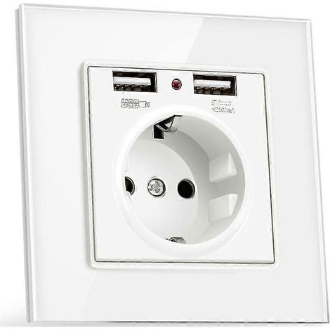 Prise de courant européenne 230 V 16 A + 2 chargeurs USB 5 V 2,1 A, panneau en verre, prise française blanche (1/5)