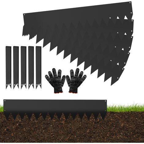 Jiubiaz Rasenkante mit Spitzen Metall 100 x 20 cm 10m Beeteinfassung Mähkante Verzinkt Wegbegrenzung Beetumrandung Palisade inkl. Handschuhe schwarz