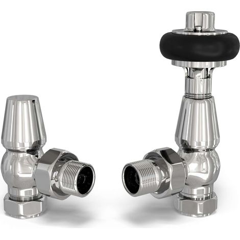Signature Wooden Head - Chrome Thermostatic Radiator Valve & Lockshield Angled 15mm