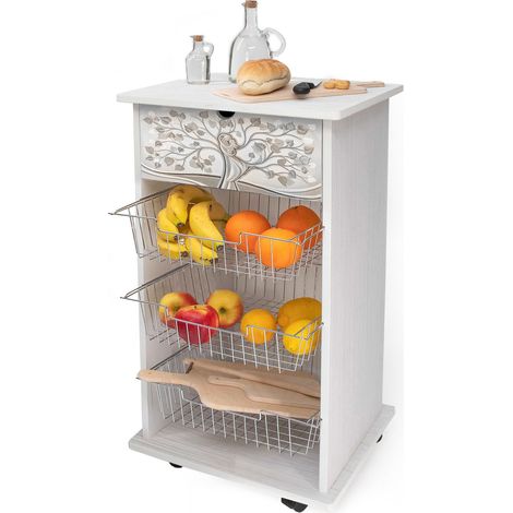 Lupia - Carrello Cucina Multifunzione Bianco WHITE ALBERO ABBRACCIO, Portafrutta Ruote Piroettanti, Piano di Appoggio, tre Cestelli Estraibili in Acciaio, Legno 40X45H85 cm montato (1/4)