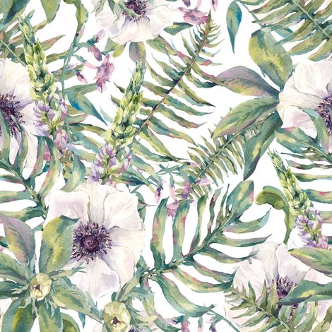 Tela Oxford decorativa para exteriores - Motivo floral en tonos pastel sobre hojas I DR204 (1/5)