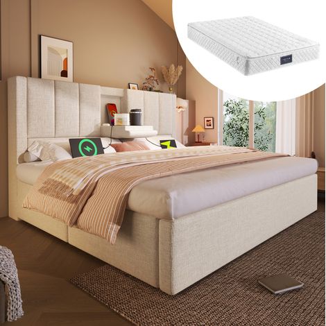Lit coffre en lin beige 140x200 cm avec matelas, sommier à lattes, tête de lit avec charge USB/USB-C et porte-gobelets (1/5)