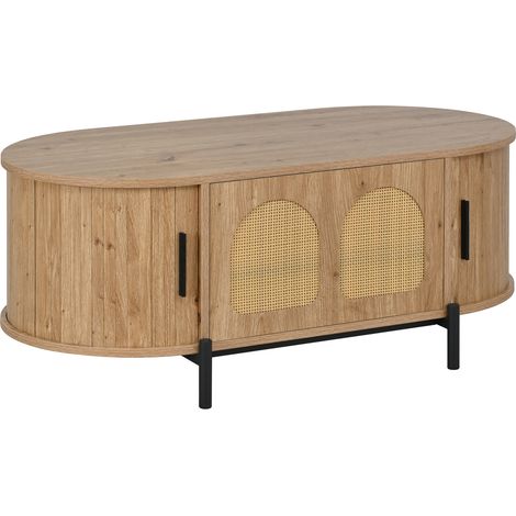 Tavolino da caffè ovale in MDF effetto legno con ante in rattan e gambe in metallo nero (1/5)