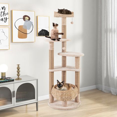 Arbre à chat en Forme de Quenouille de 164cm Poteaux à Gratter en Jute Perchoir Panier Balles Suspendues Coussins Lavables à 6 Niveaux Beige (1/5)